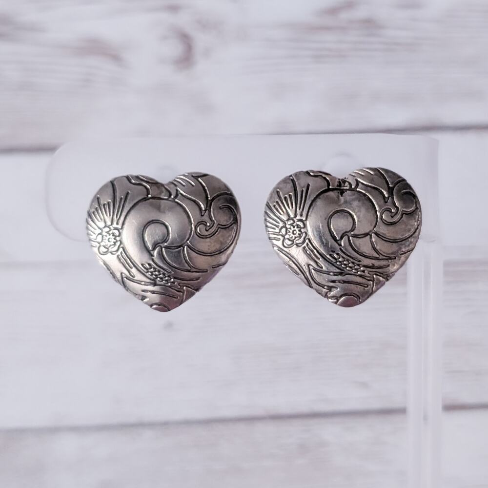 Vintage Clip On Earrings Patterned Heart  - Fair Condition